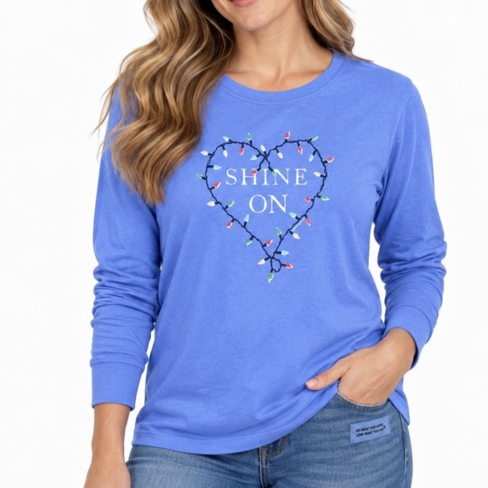 Life is Good Blue Shine On Holiday Crew Neck Long Sleeve Crusher Tee LARGE